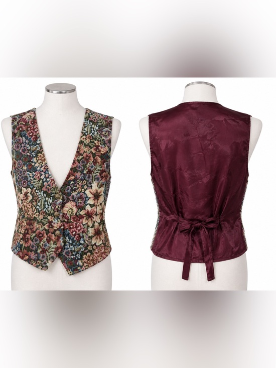 Vintage Jackets & Blazers - Backroads Blues Floral Tapestry Vest Cottagecore Tie Back Cotton Blend Women’s M